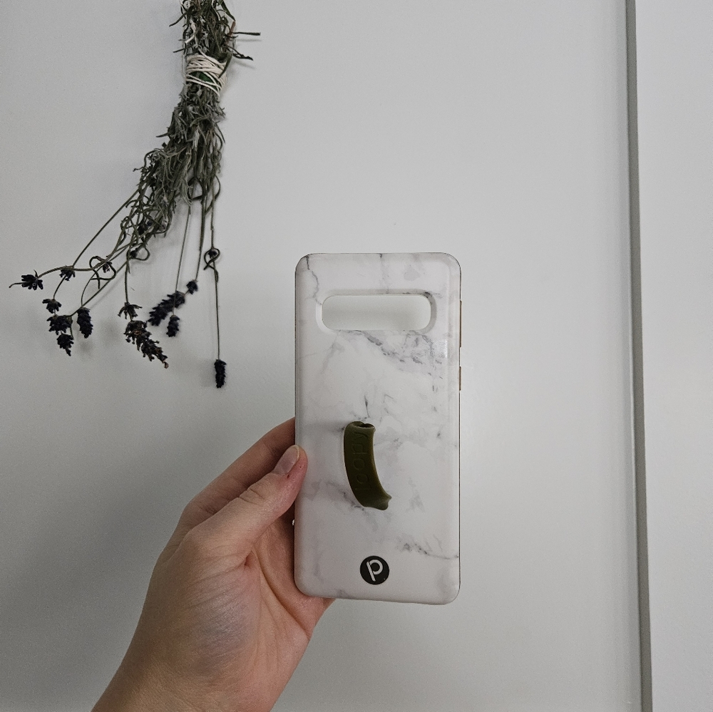 Samsung s10 white marble loopy case with olive green loop